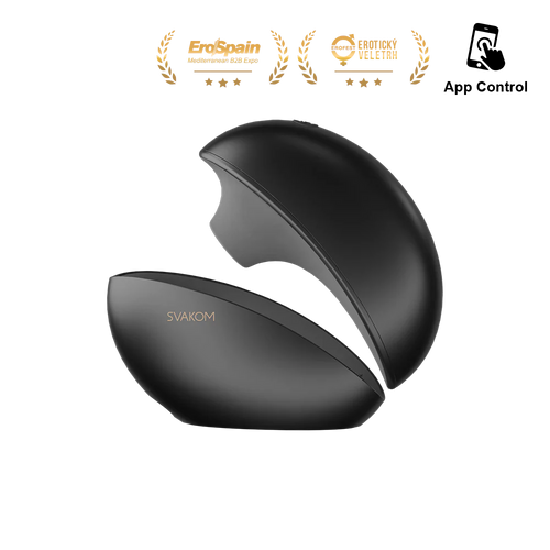 SVAKOM Druckwellenvibrator, schwarze gebogene Form aus zwei Perspektiven