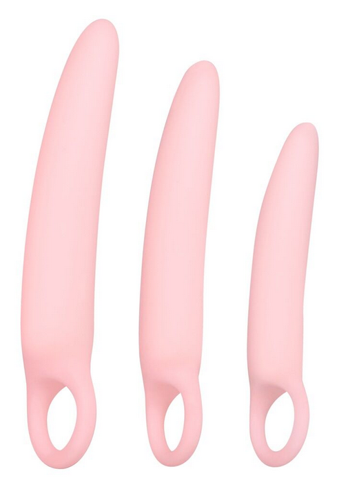 Drei rosa Silikon-Vaginaltrainer mit offener Öse am unteren Ende