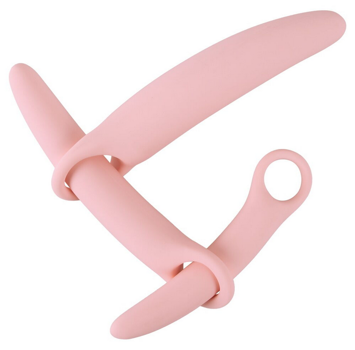 Rosa Silikon-Vaginaltrainer im gekreuzten Set, mit offenen Ösen