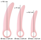 Drei rosa Silikon-Vaginaltrainer in Längen mit Größenangaben Ø max.
