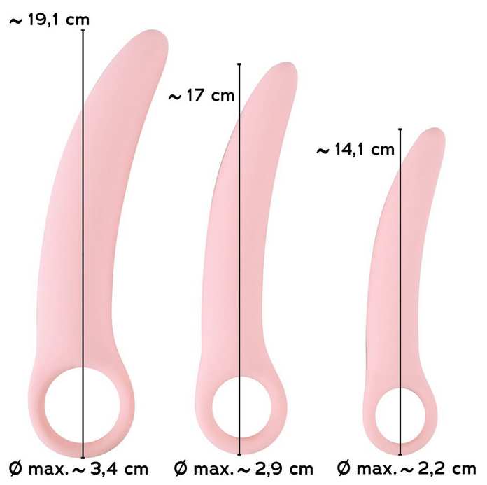 Drei rosa Silikon-Vaginaltrainer in Längen mit Größenangaben Ø max.