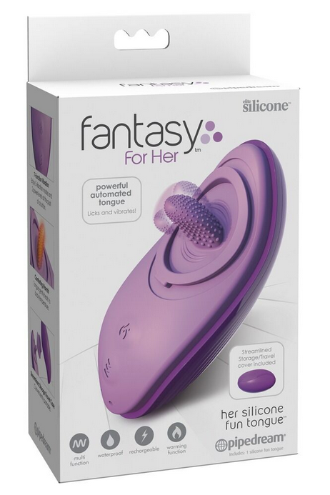 Violetter Vibrator mit Leckfunktion, Produktverpackung