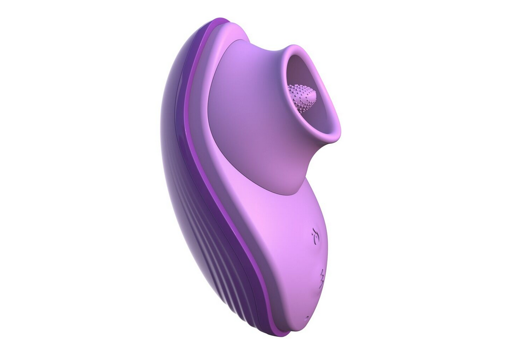 Violetter Vibrator mit Leckfunktion, Aufsatz in Position