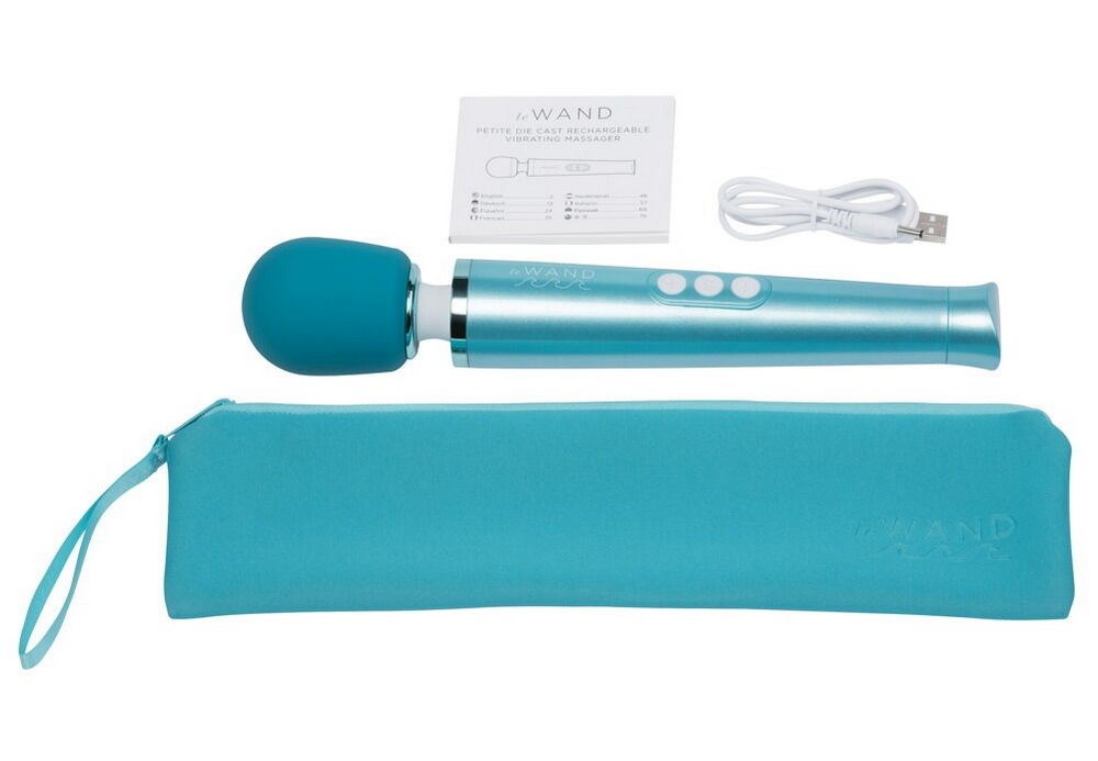 Set aus Unterwasser-Massagegerät türkisblau, Kabel, Anleitung und Beutel