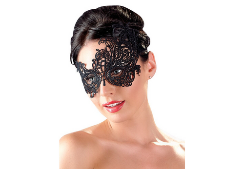 Schwarze Spitzen-Augenmaske mit floralem Muster, seitlicher Blick