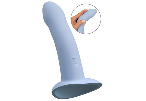 Blauer Vibrator mit Saugfuß, runder Spitze und Bedienelementen am Griff