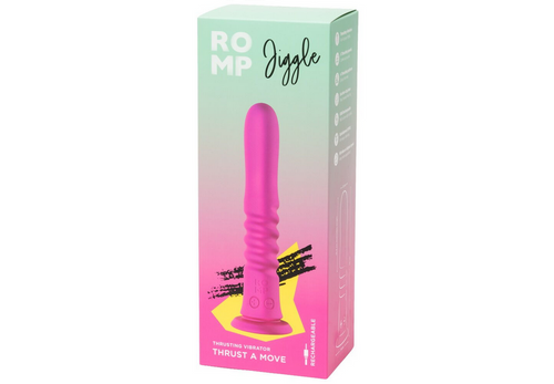 Vibrationsvibrator auf Verpackung, pink mit geriffeltem Schaft und Standfuß