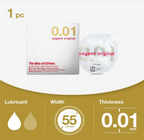 Kondom-Packung „1 pc“ mit „0.01 sagami original“ und Angaben zu Breite und Dicke