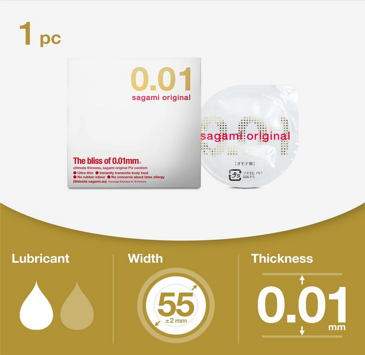 Kondom-Packung „1 pc“ mit „0.01 sagami original“ und Angaben zu Breite und Dicke