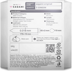Kondom-Packung Rückseite mit Produktangaben und Maßskizzen (z. B. 55±2 mm)