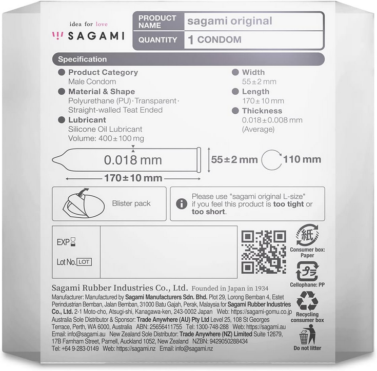 Kondom-Packung Rückseite mit Produktangaben und Maßskizzen (z. B. 55±2 mm)