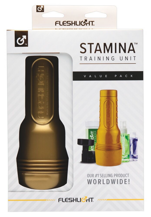 Fleshlight STU Stamina Value Pack: goldfarbenes Trainingsgerät in der Verpackung