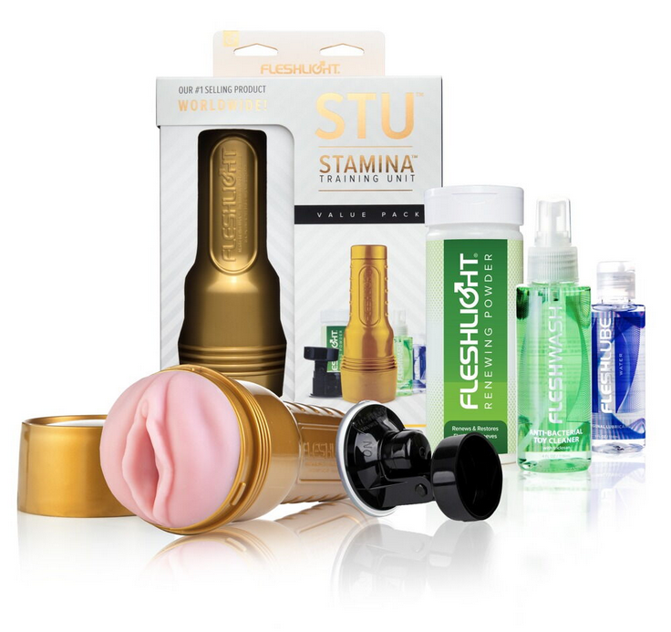 Fleshlight STU Stamina Value Pack mit goldfarbenem Trainingsgerät und Reinigungsflaschen