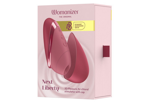 Verpackung Womanizer Next Liberty mit pinkfarbenem Gerät und Schutzkappe.