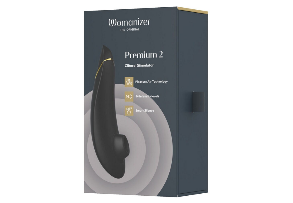Womanizer Premium 2 Druckwellenstimulator in schwarzer Verpackung mit Produktabbildung