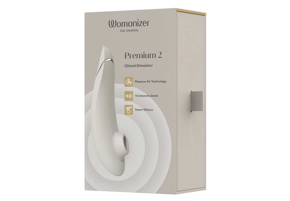 Womanizer Premium 2 Druckwellenstimulator in weißer Verpackung mit Produktabbildung