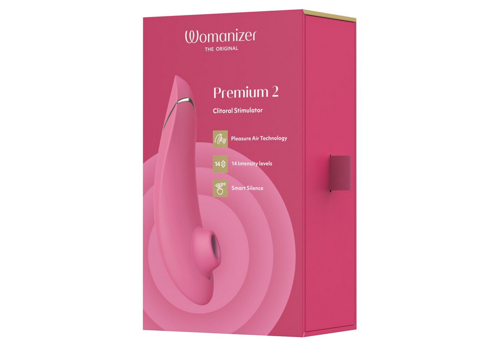 Womanizer Premium 2 Druckwellenstimulator in rosa Verpackung mit Produktabbildung