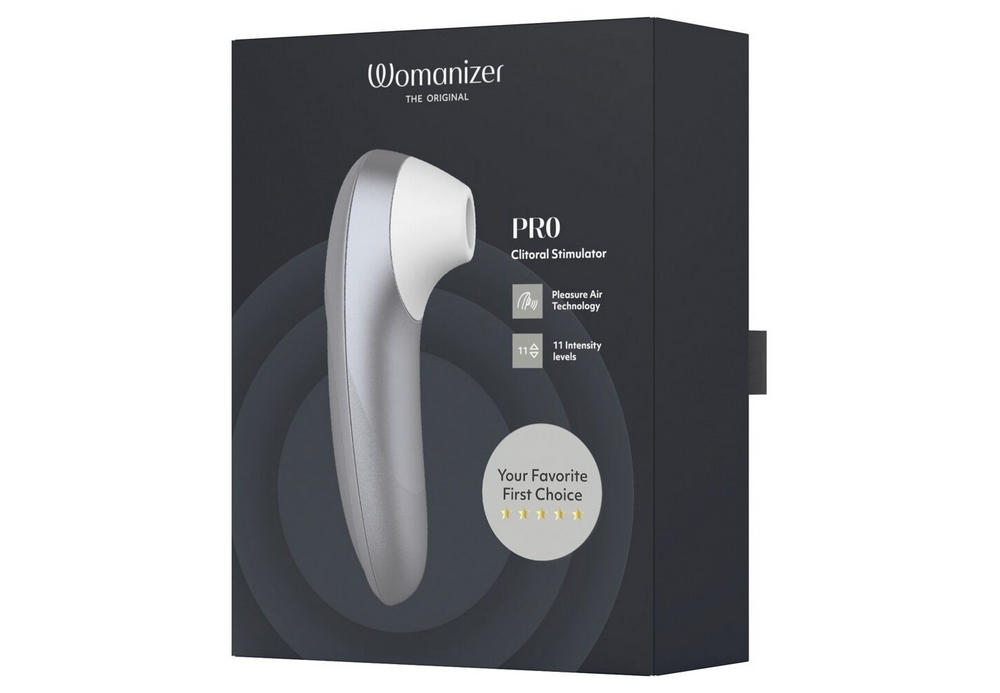 Clit-Simulator Pro, silbernes Gerät in Verpackungsschachtel mit Aufdruck