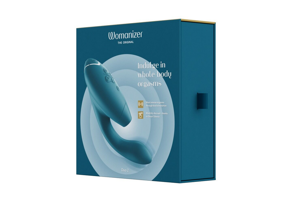 Womanizer Duo-Vibrator in türkisfarbener Box mit Gerätezubehör-Abbildung