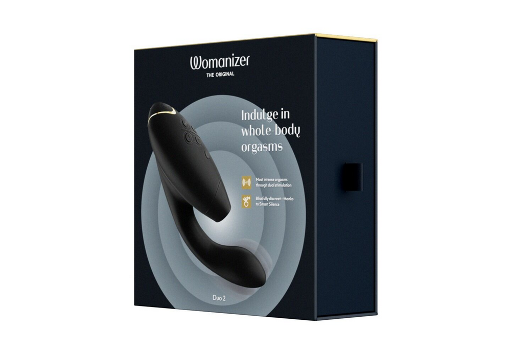 Womanizer Duo-Vibrator in schwarzer Box mit Gerätezubehör-Abbildung