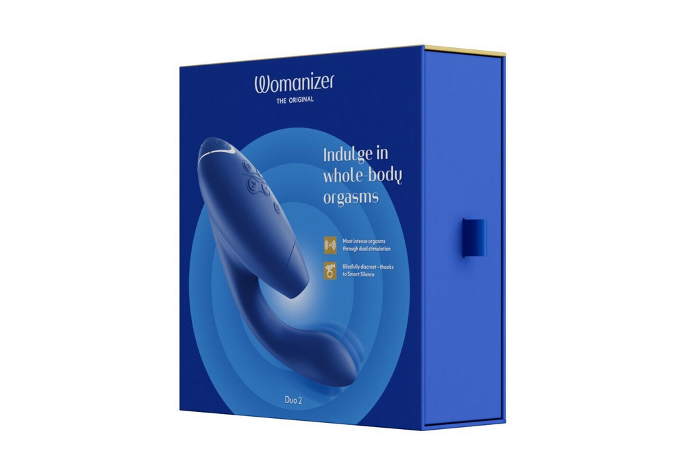 Womanizer Duo-Vibrator in blauer Box mit Gerätezubehör-Abbildung