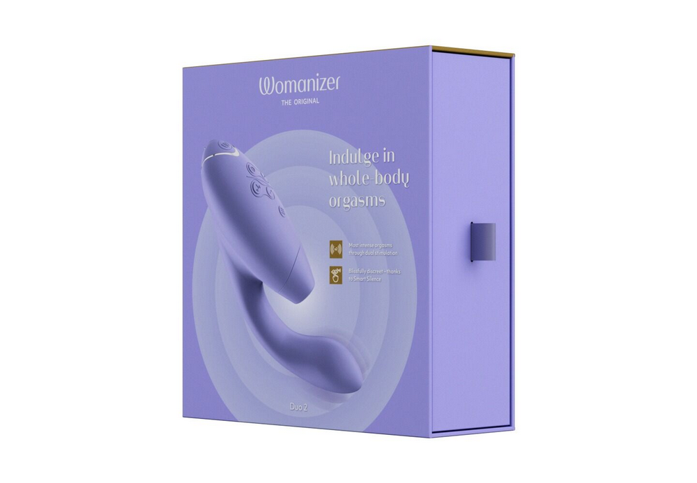 Womanizer Duo-Vibrator in lila Box mit Gerätezubehör-Abbildung