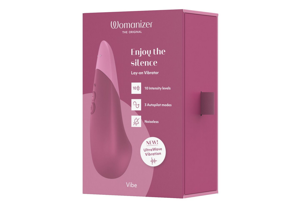 Womanizer Vibe Lavibrator in pinkfarbener Verpackung, mit Bedienelementen-Icons