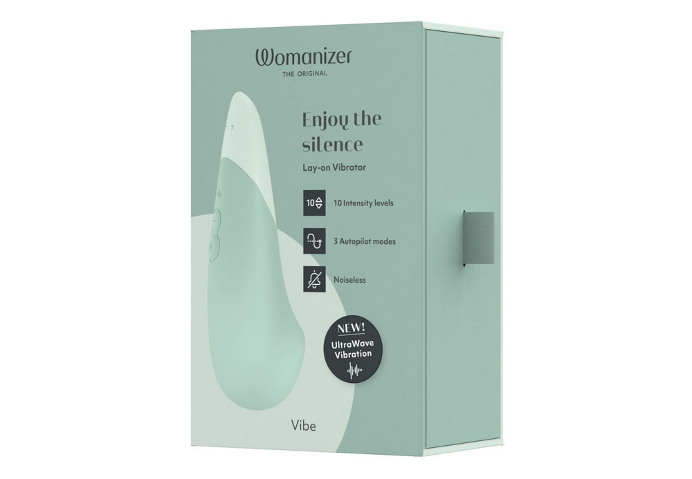Womanizer Vibe Lavibrator in türkisfarbener Verpackung, mit Bedienelementen-Icons