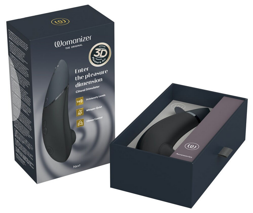 Womanizer Next Vibrationsgerät, dunkelgrau, in geöffneter Box