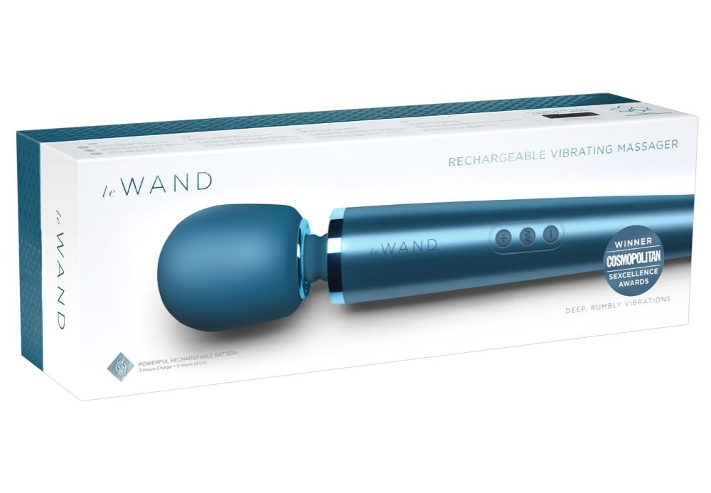 Wiederaufladbares Vibrations-Massagegerät leWAND in Blau mit runder Massagehaube