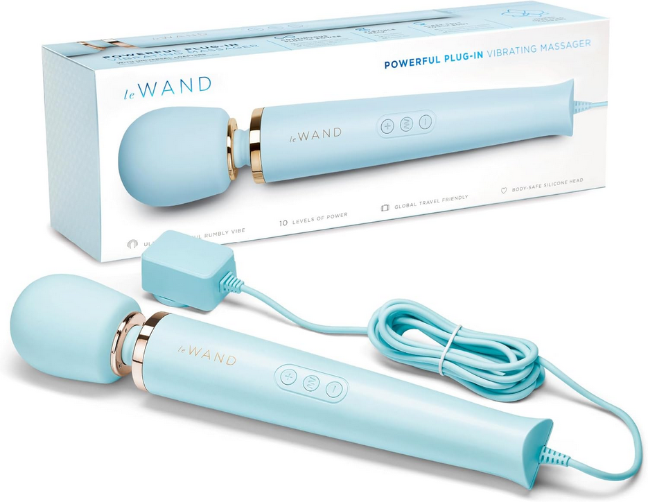 Plug-in-Vibrationsmassagegerät in Hellblau mit rundem Aufsatz und Kabel