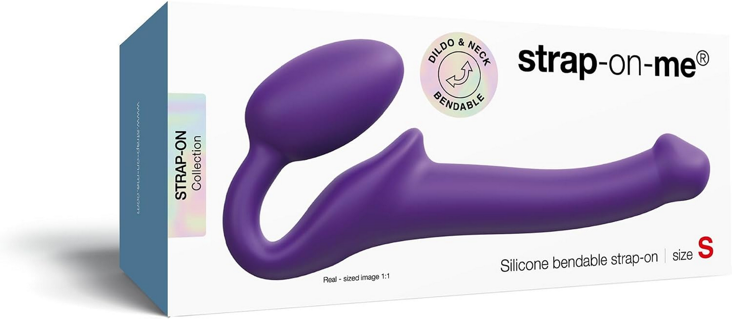 Verpackung für strap-on-me: biegbarer lila Silikon-Strap-on, Größe S.