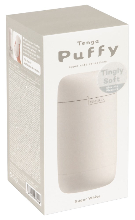 Tenga Puffy Masturbator-Verpackung, weißes Design mit Logo und Produktinfos