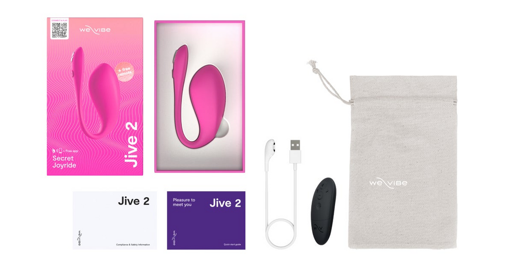 Vibro-Ei-Set: rosa Gerät, weVibe-Verpackung, Ladekabel und Aufbewahrungsbeutel
