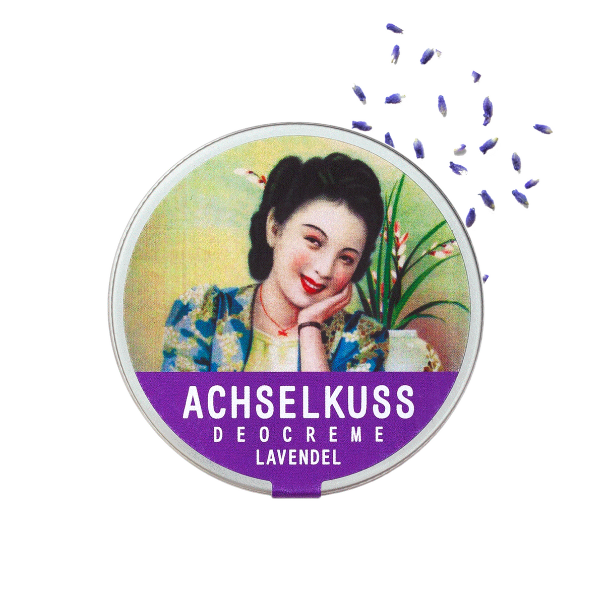 Deocreme-Dose mit Duft Lavendel, runder Deckel mit ACHSELKUSS-Logo