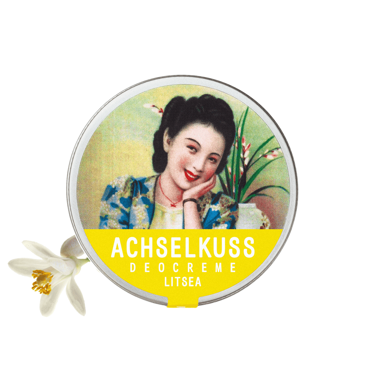Deocreme-Dose mit Duft Litsea, runder Deckel mit ACHSELKUSS-Aufdruck