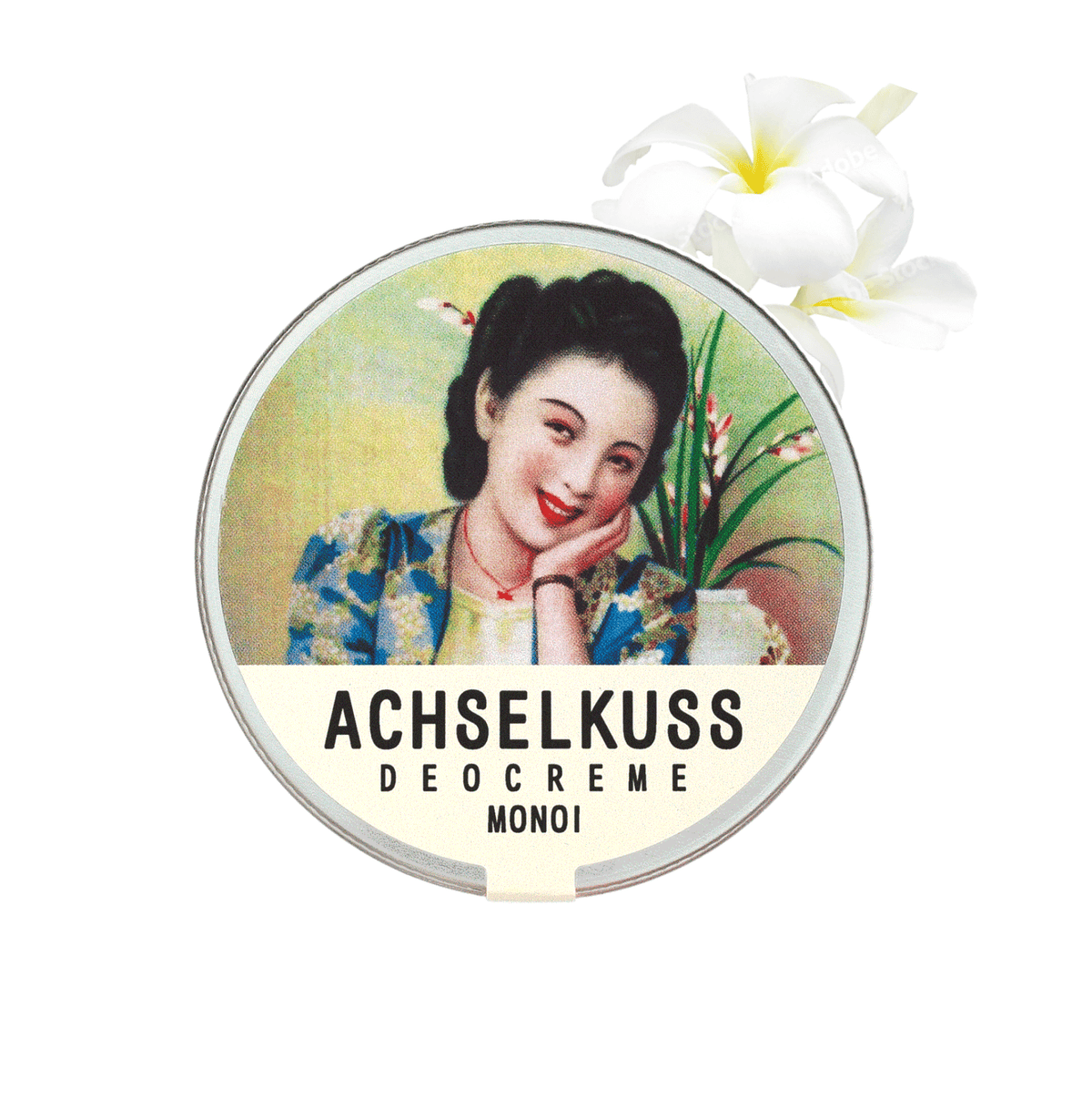Deocreme-Dose mit Duft Monoi, runder Deckel mit ACHSELKUSS-Logo