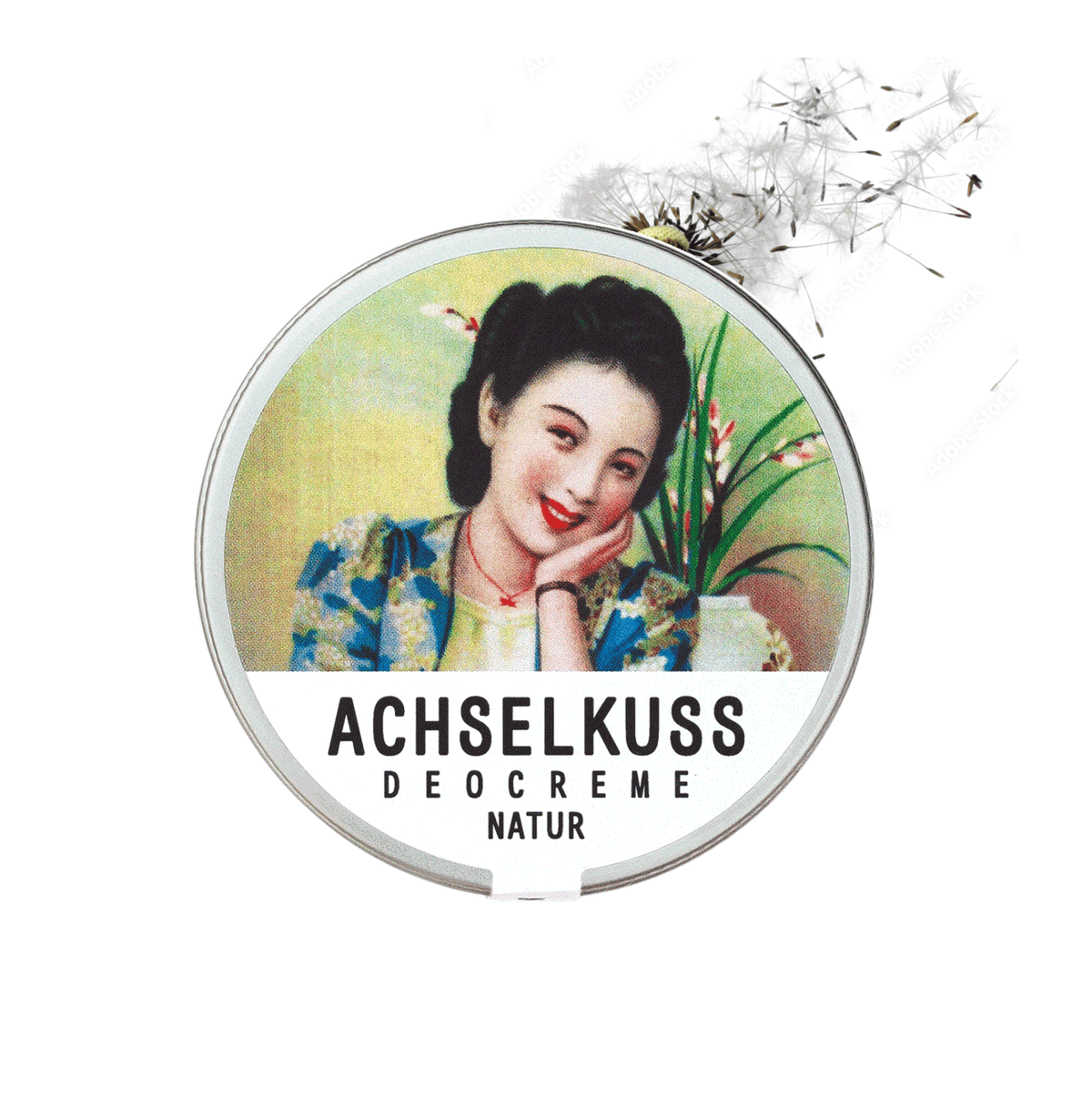 Deocreme-Dose mit Duft Natur, runder Deckel mit ACHSELKUSS-Aufdruck
