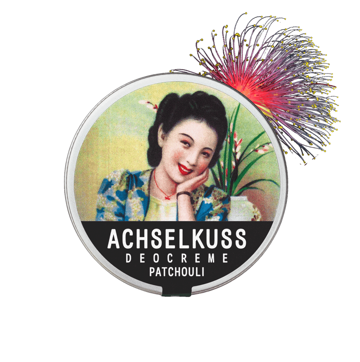 Deocreme-Dose mit Duft Patchouli, runder Deckel mit ACHSELKUSS-Aufdruck