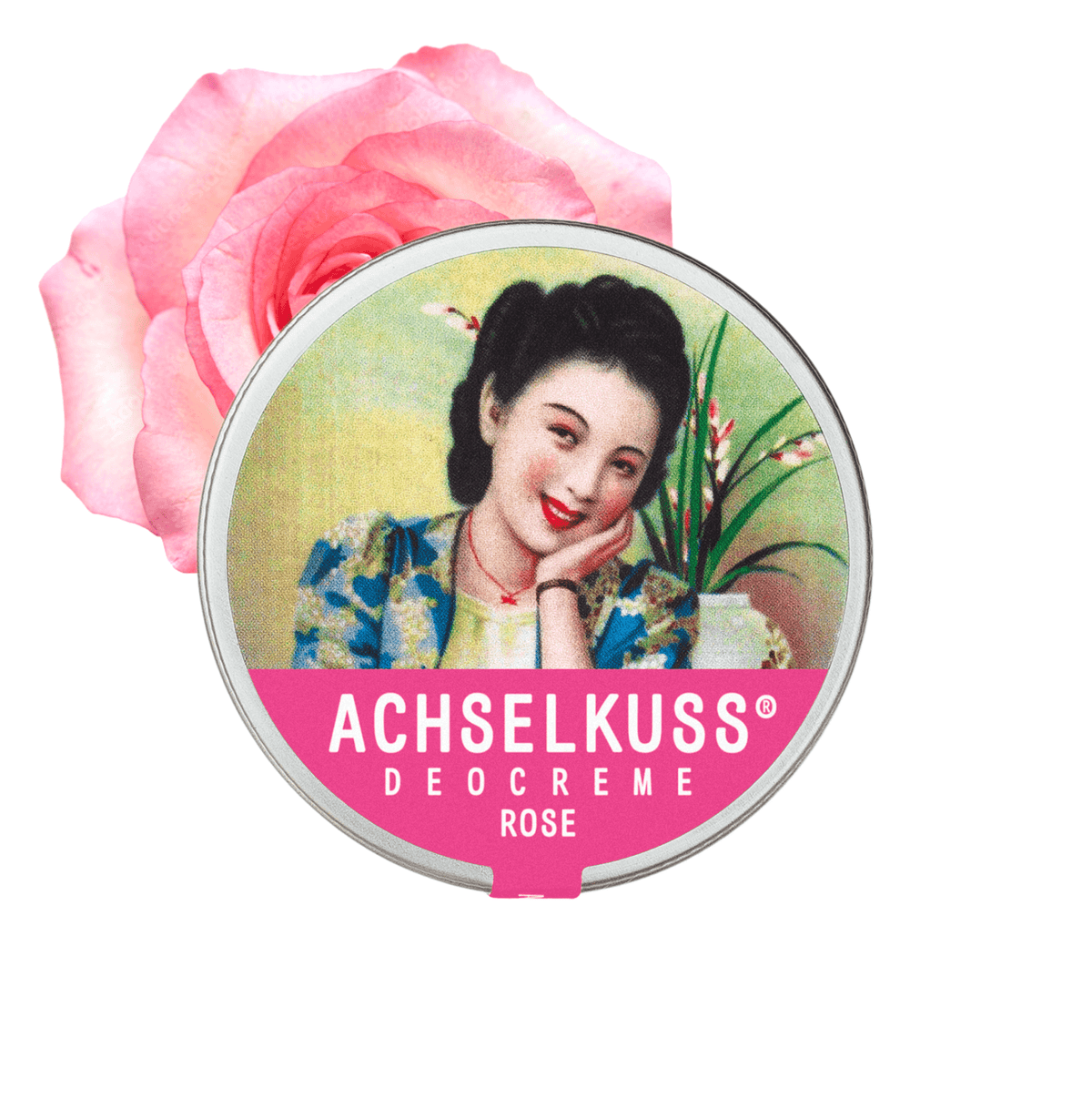 Deocreme-Dose mit Duft Rose, runder Deckel mit ACHSELKUSS-Aufdruck