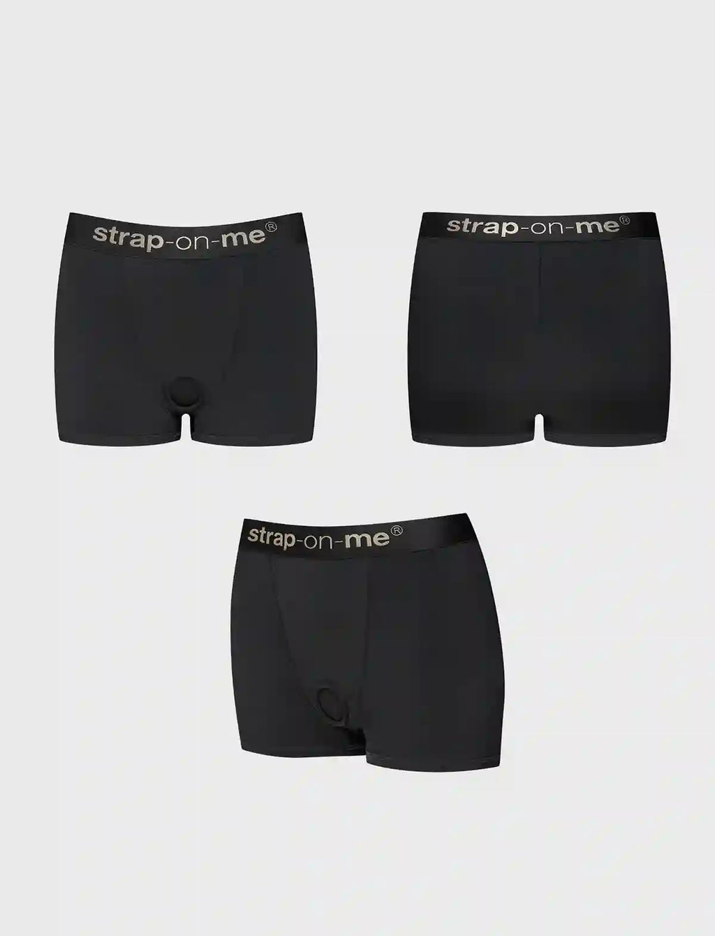 Drei Ansichten eines schwarzen Slips: Front, Seite und geschlossenes Design.