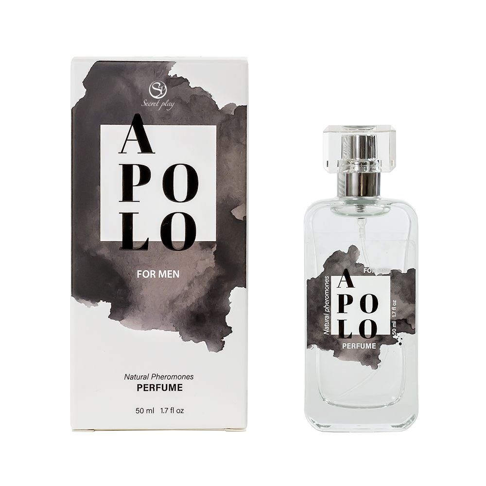 Phäromon-Parfüm „Apolo“ 50 ml: Glasflakon mit silbernem Sprühkopf und Karton
