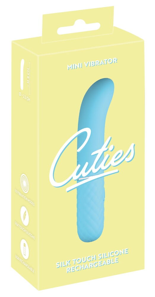 Verpackung „Cuties“ Mini-Vibrator: gelbe Box mit blauem Silikonvibrator