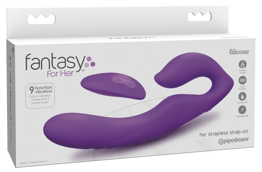 Produktverpackung: lila strapless Strap-on Vibrator aus Silikon