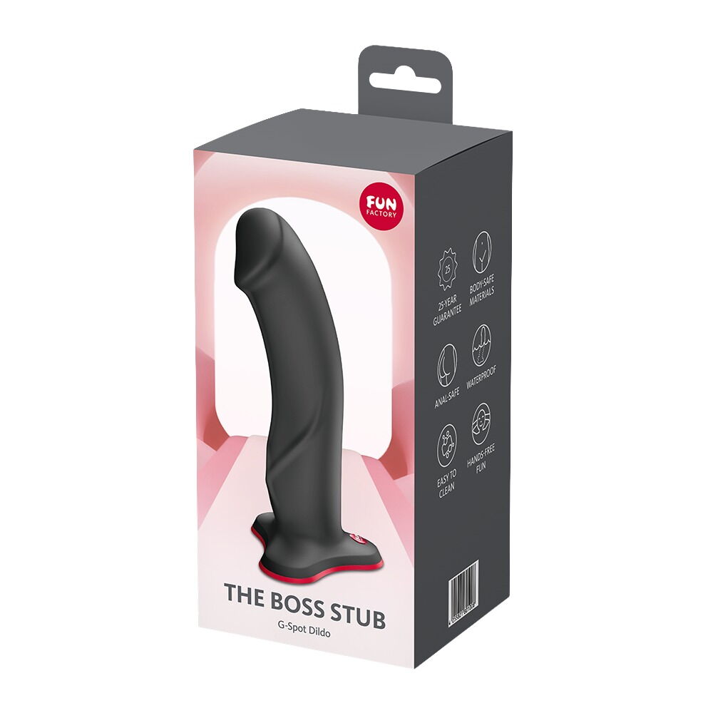 Dildo-Packung „THE BOSS“ mit schwarzem G-Punkt-Dildo in Vorderansicht