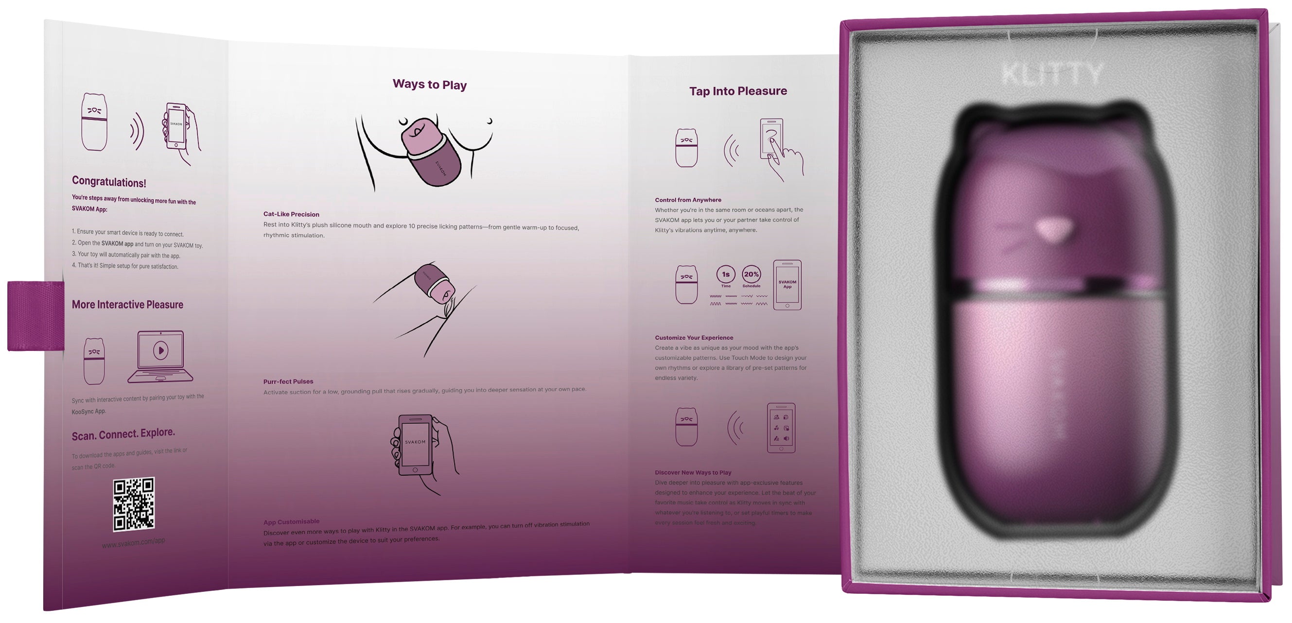Verpackung mit Anleitung und eingelegtem Auflegevibrator SVAKOM Klitty in Violett
