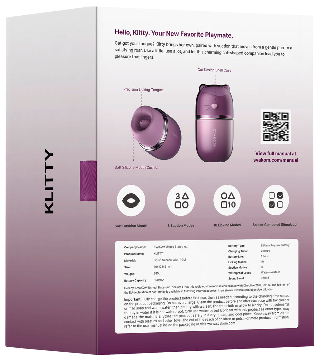 Produktverpackung von SVAKOM Klitty mit Abbildung des violetten Geräts und Infografiken