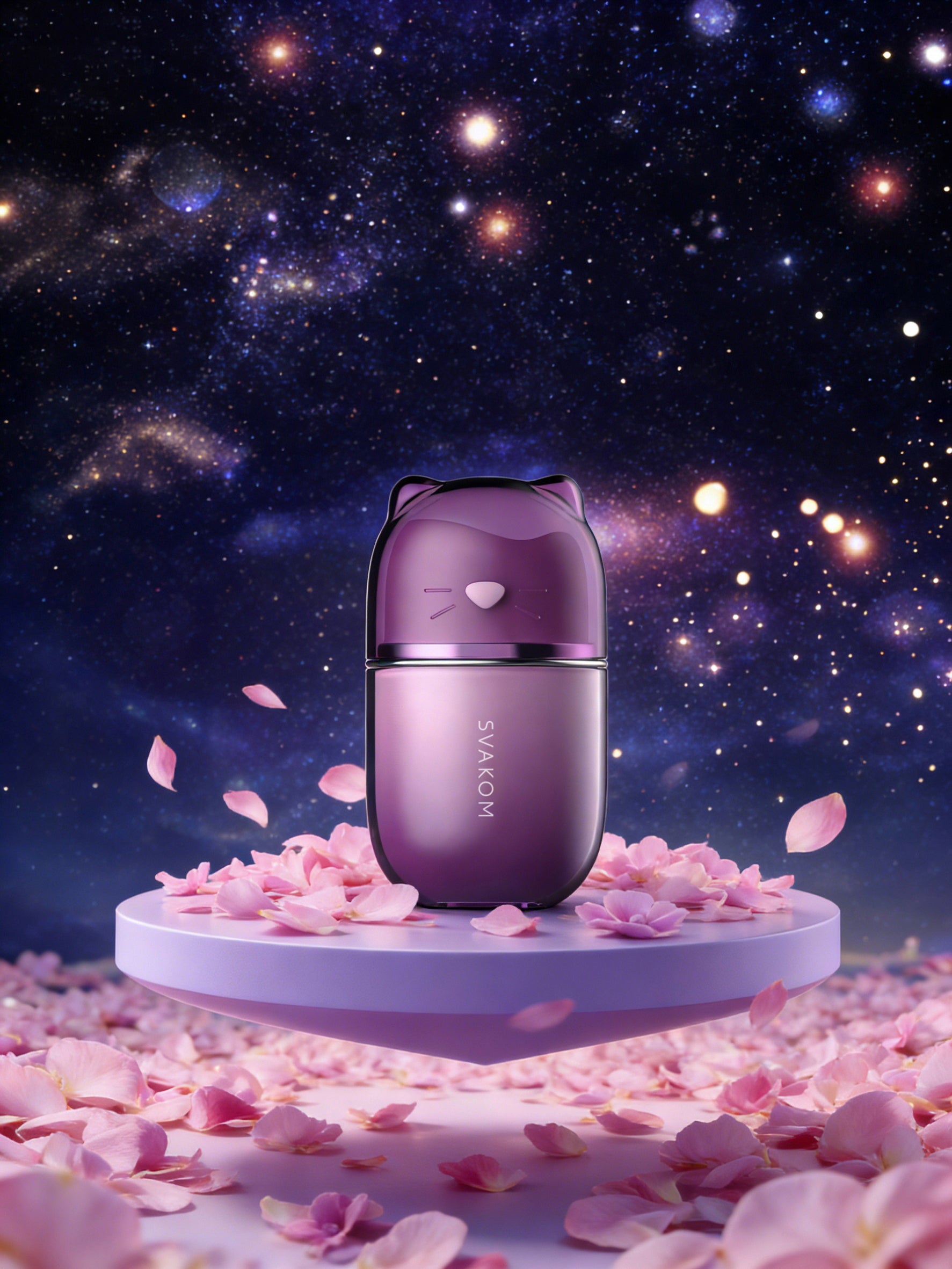 Auflegevibrator auf runder Basis, violett-rosa Gehäuse mit Katzenkopf