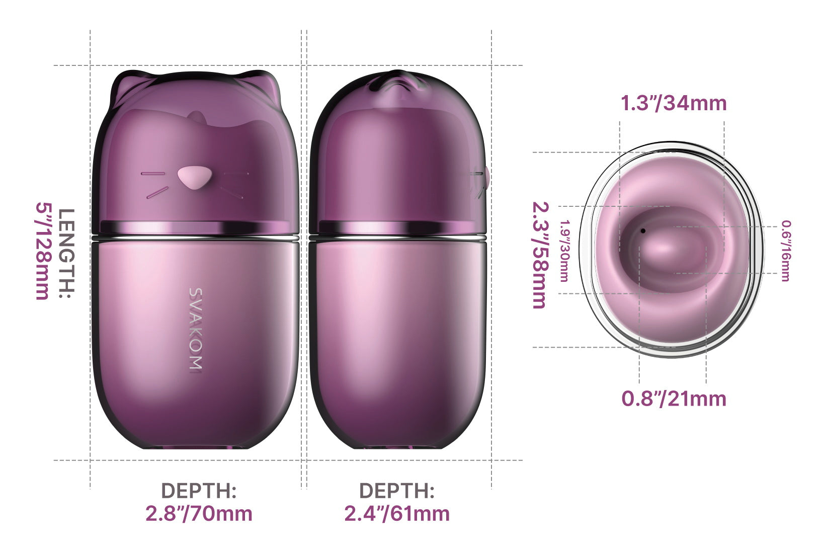 Maßgrafik zu SVAKOM Klitty Auflegevibrator: Vorder- und Seitenansicht in Violett