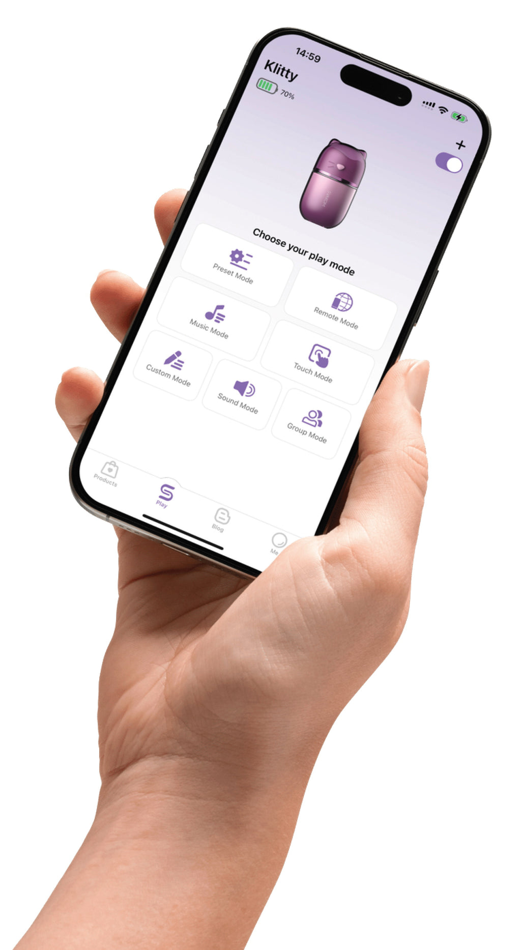 Smartphone in Hand mit App-Steuerung für den Auflegevibrator SVAKOM Klitty